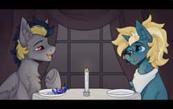 Size: 3508x2220 | Tagged: safe, artist:dorkmark, artist:pandachenn, imported from derpibooru, oc, oc:fran, oc:maple parapet, oc:wabash, bat pony, changedling, changeling, earth pony, pegasus, pony, candle, dinner, micro, restaurant, solo