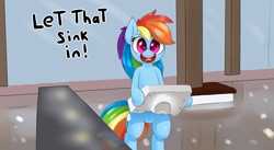 Size: 3999x2194 | Tagged: safe, artist:yelowcrom, imported from derpibooru, rainbow dash, pegasus, pony, beanbrows, bipedal, elon musk, eyebrows, eyebrows visible through hair, female, kitchen sink, mare, meme, meta, pun, sink, solo, twitter, visual pun