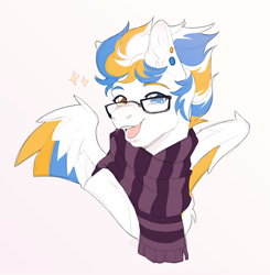 Size: 2304x2351 | Tagged: safe, artist:pandachenn, imported from derpibooru, oc, oc only, oc:alan techard, pegasus, pony, bust, clothes, glasses, portrait, scarf, solo, striped scarf