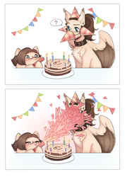 Size: 3532x5000 | Tagged: safe, artist:pandachenn, imported from derpibooru, oc, oc:dima, oc:pandachenn, earth pony, pegasus, pony, blushing, cake, chest fluff, collar, food, glasses, happy birthday, hat, holiday, party hat