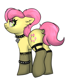 Size: 2034x2200 | Tagged: safe, artist:dumbwoofer, imported from derpibooru, earth pony, pony, angry, butt, choker, clothes, collar, ear fluff, ear piercing, earring, eyeshadow, female, g4, g5, g5 to g4, garter belt, generation leap, goth, jewelry, looking at you, looking back, looking back at you, makeup, mare, necklace, piercing, plot, posey bloom, simple background, socks, solo, spiked choker, spiked collar, spiked wristband, stockings, thigh highs, transparent background, tsundere, wristband