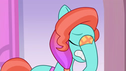 Size: 3072x1727 | Tagged: safe, imported from derpibooru, screencap, earth pony, pony, spoiler:g5, spoiler:my little pony: tell your tale, spoiler:tyts01e32, baby critters, eyebrows, eyes closed, facehoof, female, frown, g5, high res, jazz hooves, mare, my little pony: tell your tale, solo, teeth, youtube link