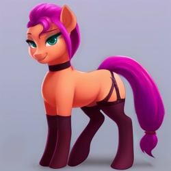 Size: 2048x2048 | Tagged: safe, generator:cookie sd a12, imported from derpibooru, sunny starscout, earth pony, pony, ai content, ai generated, bedroom eyes, black socks, choker, clothes, concave belly, eyebrows, female, g5, garter belt, garter straps, garters, generator:stable diffusion, gray background, high res, looking at you, mare, missing cutie mark, prompter:siber, raised hoof, seductive look, shadow, simple background, smiling, smiling at you, socks, solo, stockings, stupid sexy sunny starscout, thigh highs