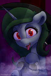 Size: 2048x3072 | Tagged: safe, artist:darbedarmoc, imported from derpibooru, night light, oc, oc:minerva, pony, unicorn, column, edgy, fangs, fog, insanity, looking at you, night, red eyes, scythe, skull, solo, temple, tongue out