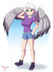 Size: 939x1280 | Tagged: safe, artist:jeglegator, imported from derpibooru, oc, oc:evelyn, griffon, human, arm behind head, clothes, eyeshadow, female, griffon oc, humanized, humanized oc, legs, lidded eyes, looking away, makeup, shirt, shoes, shorts, smiling, solo, t-shirt, wings