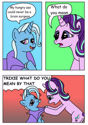 Size: 2048x2891 | Tagged: safe, artist:forklift-certified-catgirl, imported from derpibooru, starlight glimmer, trixie, pony, unicorn, brooch, butt, cape, clothes, comic, dialogue, female, jewelry, mare, plot, trixie's brooch, trixie's cape, vulgar