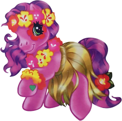 Size: 1119x1116 | Tagged: safe, artist:lyn fletcher, imported from derpibooru, skywishes, earth pony, anklet, butterfly island, clothes, cute, cutewishes, face paint, female, floral head wreath, flower, flower in hair, flower in tail, g3, grass skirt, hibiscus, hoof heart, hula, jewelry, lei, makeup, official, raised hoof, simple background, skirt, solo, tail, transparent background, tropical