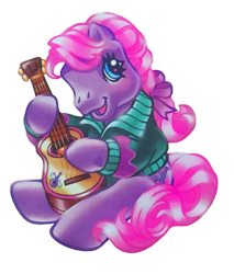 Size: 1093x1280 | Tagged: safe, artist:lyn fletcher, imported from derpibooru, sweetsong, earth pony, pony, blue eyes, bow, braid, clothes, g3, guitar, guitar pick, hair bow, happy, musical instrument, official, pink hair, playing instrument, shirt, simple background, sitting, sweater, transparent background
