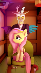 Size: 2160x3840 | Tagged: safe, artist:silkworm205, imported from derpibooru, discord, fluttershy, draconequus, pegasus, pony, 3d, beard, bust, chair, clothes, colored eyebrows, discord day, discoshy, duo, ear piercing, earring, facial hair, female, fluffy mane, fluttergoth, folded wings, goth, high res, interior, jewelry, looking at someone, looking sideways, male, necklace, piercing, portrait, revamped ponies, shipping, shirt, sitting, source filmmaker, spread wings, straight, stroking, suit, unshorn fetlocks, wings