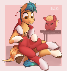 Size: 1516x1605 | Tagged: safe, artist:uliovka, imported from derpibooru, hitch trailblazer, sprout cloverleaf, earth pony, pony, detachable head, g5, gay, half, headless, hitchsprout, male, modular, pink background, shipping, simple background, stallion