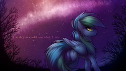 Size: 1920x1080 | Tagged: safe, artist:magicstarfriends, imported from derpibooru, oc, oc only, oc:seafoam wake, pegasus, pony, undead, vampire, vampony, female, fisheye lens, looking at you, looking back, night, night sky, pegasus oc, sky, solo, text