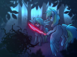 Size: 1380x1024 | Tagged: safe, artist:magicstarfriends, imported from derpibooru, oc, oc only, oc:seafoam wake, pegasus, pony, undead, vampire, vampony, female, flying, forest, looking at each other, looking at someone, monster, night, pegasus oc, self paradox, self ponidox, shadow creature, standing, story included, sword, weapon