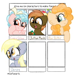 Size: 1165x1200 | Tagged: safe, artist:sugarcloudcandy, imported from derpibooru, button mash, cozy glow, derpy hooves, pear butter, earth pony, pegasus, colt, female, filly, foal, male, mare