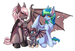 Size: 2674x1831 | Tagged: safe, artist:pissbaby, imported from derpibooru, oc, oc:camille, oc:rosa cavalier, oc:seafoam wake, undead, vampire, vampony, cute, female, filly, foal, heterochromia, mare, simple background, spread wings, torn wings, transparent background, trio, trio female, webbed wings, wings