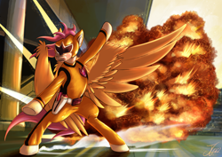 Size: 1750x1237 | Tagged: safe, artist:jamescorck, imported from derpibooru, scootaloo, pegasus, pony, clothes, costume, crossover, explosion, pose, power rangers, solo, spread wings, super sentai, uniform, wings