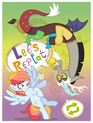 Size: 754x1000 | Tagged: safe, artist:jennieoo, imported from derpibooru, discord, oc, pegasus, pony, clock, cover, fanfic art, looking at you, shocked, shocked expression, show accurate, simple background, smiling, smiling at you, spread wings, vector, wings