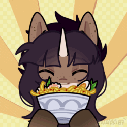 Size: 1000x1000 | Tagged: safe, artist:muakki07, imported from derpibooru, oc, oc only, unicorn, abstract background, animated, bust, eating, enjoying, eyes closed, floppy ears, food, freckles, gif, happy, horn, noodles, portrait, ramen, ramen face, slurping, solo
