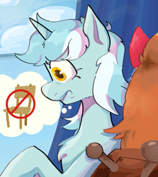 Size: 3128x3508 | Tagged: safe, artist:gay_smilesss, imported from derpibooru, big macintosh, lyra heartstrings, pony, unicorn, chair, chest fluff, female, sad, simple background
