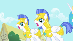 Size: 1280x720 | Tagged: safe, imported from derpibooru, screencap, princess celestia, alicorn, pegasus, pony, a bird in the hoof, season 1, female, jaw drop, male, mare, offscreen character, open mouth, reaction image, royal guard, shocked, stallion, trio