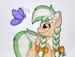 Size: 3688x2786 | Tagged: safe, artist:msaniiart, imported from derpibooru, oc, oc only, oc:sylvia evergreen, butterfly, pegasus, pony, braid, braided pigtails, female, flower, flower in hair, freckles, hair tie, mare, pegasus oc, pigtails, smiling, solo, traditional art, wings