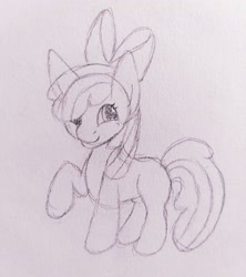 Size: 1818x2048 | Tagged: safe, artist:azaleavix, imported from derpibooru, apple bloom, earth pony, pony, female, filly, foal, raised hoof, sketch, solo, traditional art