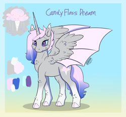 Size: 1280x1191 | Tagged: safe, artist:ladypastal, imported from derpibooru, oc, oc only, oc:candy floss dream, alicorn, bat pony, bat pony alicorn, alicorn oc, bat wings, cloven hooves, coat markings, cutie mark, female, frame, gradient background, gradient mane, horn, magical lesbian spawn, mare, offspring, older, parent:fleur-de-lis, parent:nightmare moon, parent:oc:flora may, reference sheet, signature, socks (coat markings), solo, wings