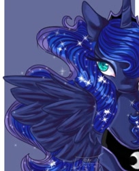 Size: 720x883 | Tagged: safe, artist:woizii, imported from derpibooru, princess luna, alicorn, pony, bust, ethereal mane, female, mare, peytral, solo, spread wings, starry mane, wings