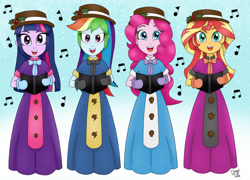 Size: 2736x1972 | Tagged: safe, artist:bageloftime, imported from derpibooru, pinkie pie, rainbow dash, sunset shimmer, twilight sparkle, alicorn, human, equestria girls, caroling, christmas, christmas 2022, clothes, dress, gown, group, holiday, humanized, long dress, long skirt, quartet, singing, skirt, twilight sparkle (alicorn)