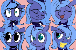 Size: 1500x1000 | Tagged: safe, artist:luxsimx, imported from derpibooru, princess luna, alicorn, pony, :p, cute, emoji, eyes closed, hand, magic, magic hands, pinpoint eyes, s1 luna, solo, swirly eyes, thinking, thinking emoji, tongue out