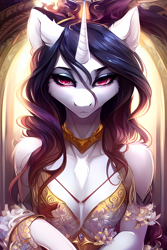 Size: 2048x3072 | Tagged: safe, imported from derpibooru, oc, oc only, anthro, unguligrade anthro, unicorn, ai content, ai generated, clothes, dress, eyelashes, female, generator:stable diffusion, jewelry, looking at you, mare, regalia, solo