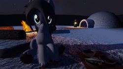 Size: 1920x1080 | Tagged: safe, anonymous artist, oc, oc only, oc:frosty flakes, pony, 3d, campfire, female, igloo, lantern, log, looking at you, mare, night, outdoors, sitting, snow, snowpony (species), solo, taiga pony, virtual reality