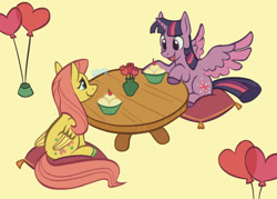 Size: 640x457 | Tagged: safe, artist:flightless-fox, imported from derpibooru, fluttershy, twilight sparkle, alicorn, pony, balloon, cherry, date, female, flower, food, heart, heart balloon, hearts and hooves day, ice cream, lesbian, looking at each other, looking at someone, open mouth, pillow, rose, shipping, sitting, smiling, spread wings, table, twilight sparkle (alicorn), twishy, vase, wings