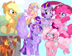 Size: 3091x2436 | Tagged: safe, artist:beebee, imported from derpibooru, applejack, pinkie pie, pinkie pie (g3), starlight glimmer, twilight sparkle, alicorn, earth pony, pony, advertisement, commission info, commissions open, crossover, example, fanart, female, g3, grin, mare, open mouth, open smile, raised hoof, redesign, sitting, smiling, spinel (steven universe), spread wings, steven universe, twilight sparkle (alicorn), wings