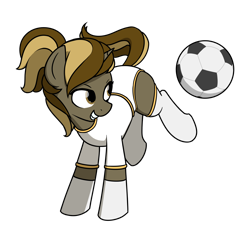 Size: 1768x1661 | Tagged: safe, artist:alexi148, imported from derpibooru, oc, oc only, oc:skivvy, pony, unicorn, ball, bucking, clothes, cute, football, ponytail, simple background, smiling, socks, solo, sports, thigh highs, transparent background, uniform