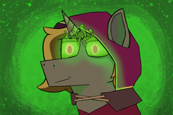 Size: 3000x2000 | Tagged: safe, artist:bosscakes, imported from derpibooru, oc, oc:skivvy, pony, unicorn, glowing, glowing eyes, green background, green eyes, hood, necromancer, simple background, solo