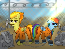 Size: 3200x2400 | Tagged: safe, artist:cobaltskies002, imported from derpibooru, rainbow dash, spitfire, pegasus, pony, chains, clothes, commission, commissioner:rainbowdash69, duo, fence, jumpsuit, never doubt rainbowdash69's involvement, pickaxe, prison outfit, prisoner, prisoner rd, rock
