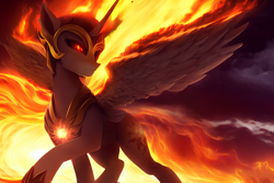 Size: 2112x1408 | Tagged: safe, editor:mr-bat, imported from derpibooru, daybreaker, alicorn, pony, ai content, ai generated, armor, breastplate, closed mouth, crown, feathered wings, fiery mane, fiery tail, fiery wings, fire, generator:stable diffusion, glowing, glowing eyes, helmet, horn, jewelry, mane of fire, peytral, raised hoof, regalia, slim, smoke, solo, spread wings, thin, white body, wings