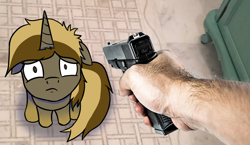 Size: 1314x760 | Tagged: safe, artist:bosscakes, imported from derpibooru, oc, oc:skivvy, human, pony, unicorn, fear, floppy ears, funny, gun, hand, handgun, pistol, sitting, solo, threatening, weapon