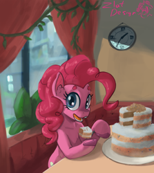 Size: 3644x4081 | Tagged: safe, artist:zlatdesign, imported from derpibooru, pinkie pie, earth pony, pony, beanbrows, bushy brows, cake, cake slice, chest fluff, clock, curtains, ear fluff, eating, eyebrows, eyelashes, featured image, female, food, frosting, happy, happy face, hooves, looking at you, mare, open mouth, plant, restaurant, sitting, solo, table, tasty, thick eyebrows, window