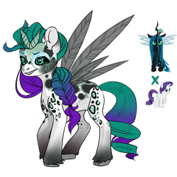 Size: 1180x1180 | Tagged: safe, artist:crumbelinadicarmello, imported from derpibooru, queen chrysalis, rarity, changeling, changeling queen, pony, avatar maker fantasy pony, black sclera, braid, coat markings, dappled, evil, evil grin, female, fusion, g4, green mane, grin, horn, markings, multicolored mane, multiple horns, purple mane, simple background, smiling, solo, spots, transparent background, unshorn fetlocks, wings