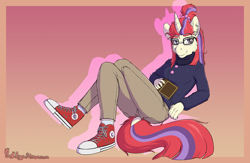 Size: 2000x1304 | Tagged: safe, artist:punk-pegasus, imported from derpibooru, moondancer, anthro, unicorn, book, clothes, converse, crossed legs, dock, eyebrows, female, glasses, gradient background, looking at you, lying down, on back, pants, shoes, signature, smiling, smiling at you, solo, sweater, tail