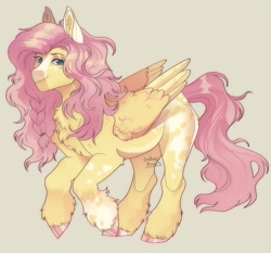 Size: 1902x1770 | Tagged: safe, artist:ghoulhowls, imported from derpibooru, fluttershy, pegasus, pony, beige background, blaze (coat marking), braid, chest fluff, coat markings, colored hooves, dappled, ear fluff, facial markings, female, fluffy, folded wings, looking at you, mare, simple background, solo, three quarter view, unshorn fetlocks, wings