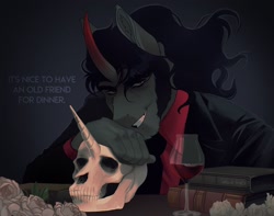 Size: 2048x1617 | Tagged: safe, artist:ghoulhowls, imported from derpibooru, king sombra, anthro, unicorn, alcohol, book, dialogue, flower, glass, implied cannibalism, looking at you, rose, simple background, skull, smiling, smiling at you, wine, wine glass