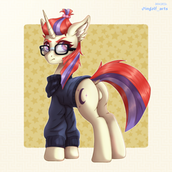 Size: 3000x3000 | Tagged: safe, artist:ingolf arts, imported from derpibooru, moondancer, pony, unicorn, the cutie re-mark, butt, clothes, cute, dancerbetes, dock, featureless crotch, female, glasses, high res, horn, looking at you, mare, plot, simple background, solo, stars, sweater, tail