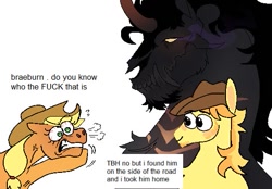 Size: 547x380 | Tagged: safe, artist:ghoulhowls, imported from derpibooru, applejack, braeburn, king sombra, earth pony, umbrum, unicorn, applejack's hat, braeburn is oblivious, braeburn's hat, cowboy hat, crack shipping, dialogue, female, gay, gay in front of girls, googly eyes, hat, male, shipping, simple background, smiling, sombra eyes, sombraeburn, vulgar, white background