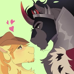 Size: 2000x2000 | Tagged: safe, artist:ghoulhowls, imported from derpibooru, braeburn, king sombra, earth pony, unicorn, braeburn's hat, crack shipping, gay, green background, hat, heart, jewelry, looking at each other, looking at someone, male, regalia, shipping, simple background, sombraeburn