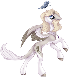 Size: 2562x2847 | Tagged: safe, artist:ouijaa, imported from derpibooru, oc, oc only, oc:tee, butterfly, demon, demon pony, pegasus, pony, :o, beautiful, blue eyes, coat markings, colored wings, concave belly, cute, demon horns, ear piercing, earring, ears back, eyebrows, female, high res, hooves, horns, jewelry, leonine tail, looking at something, looking back, looking up, mare, multicolored wings, necklace, ocbetes, open mouth, pale belly, partially open wings, pegasus oc, pendant, piercing, raised hoof, rearing, simple background, slim, socks (coat markings), solo focus, tail, tail fluff, thin, transparent background, turned head, unshorn fetlocks, wings