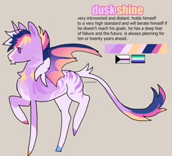 Size: 1944x1768 | Tagged: safe, artist:ghoulhowls, imported from derpibooru, twilight sparkle, pony, bat wings, colored hooves, demisexual pride flag, dusk shine, gay pride flag, kinsona, long tail, pride, pride flag, reference sheet, rule 63, simple background, sketch, solo, tail, text, wings
