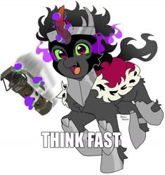Size: 1542x1638 | Tagged: safe, artist:ghoulhowls, imported from derpibooru, king sombra, pony, unicorn, armor, cape, caption, clothes, dark magic, flashbang, grenade, image macro, impact font, jewelry, magic, male, meme, regalia, simple background, solo, sombra eyes, text, think fast, white background