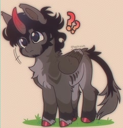 Size: 1596x1658 | Tagged: safe, artist:ghoulhowls, imported from derpibooru, oc, oc:somber(ghoulhowls), alicorn, alicorn oc, chest fluff, chibi, colored hooves, colored horn, curved horn, ear fluff, grass, head tilt, horn, kinsona, leonine tail, long tail, male, patterned background, question mark, solo, sombra horn, tail, wings